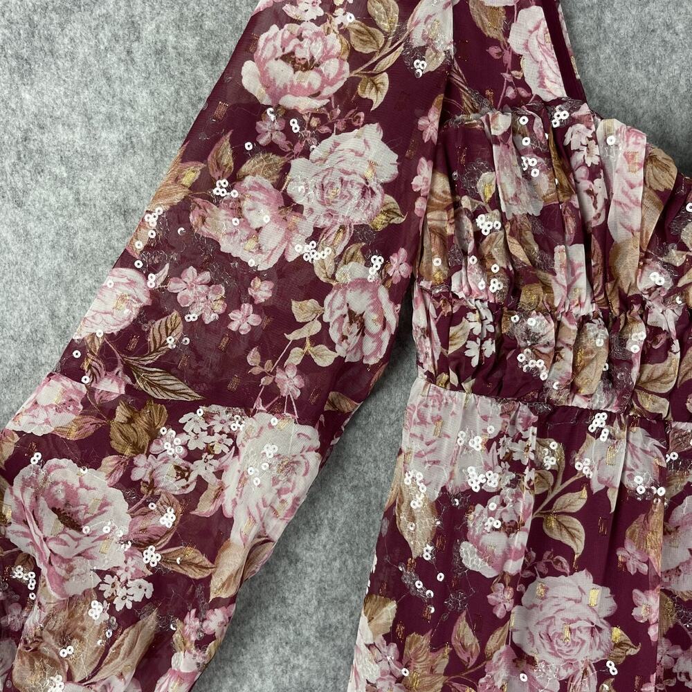 Altar'd State Sailor Tiered Maxi Dress Womens Medium Burgundy Floral Sequins - Picture 5 of 16